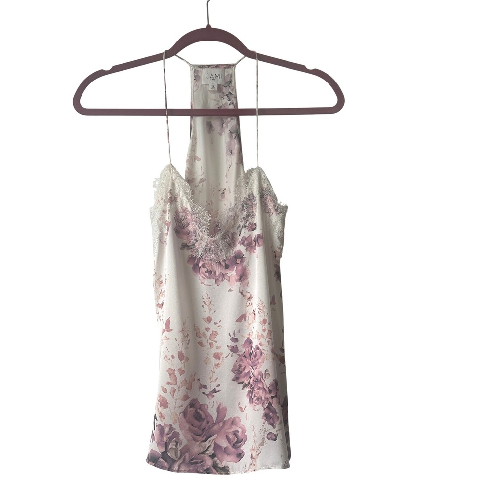 CAMI NYC Womens White Floral 100% Silk Lace Trim Racerback Camisole Top Size S